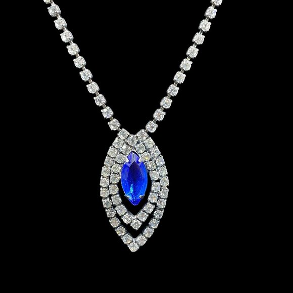 Vintage Blue Rhinestone Pendant Necklace Glam Elegant Coquette Old Money Formal - Picture 2 of 8